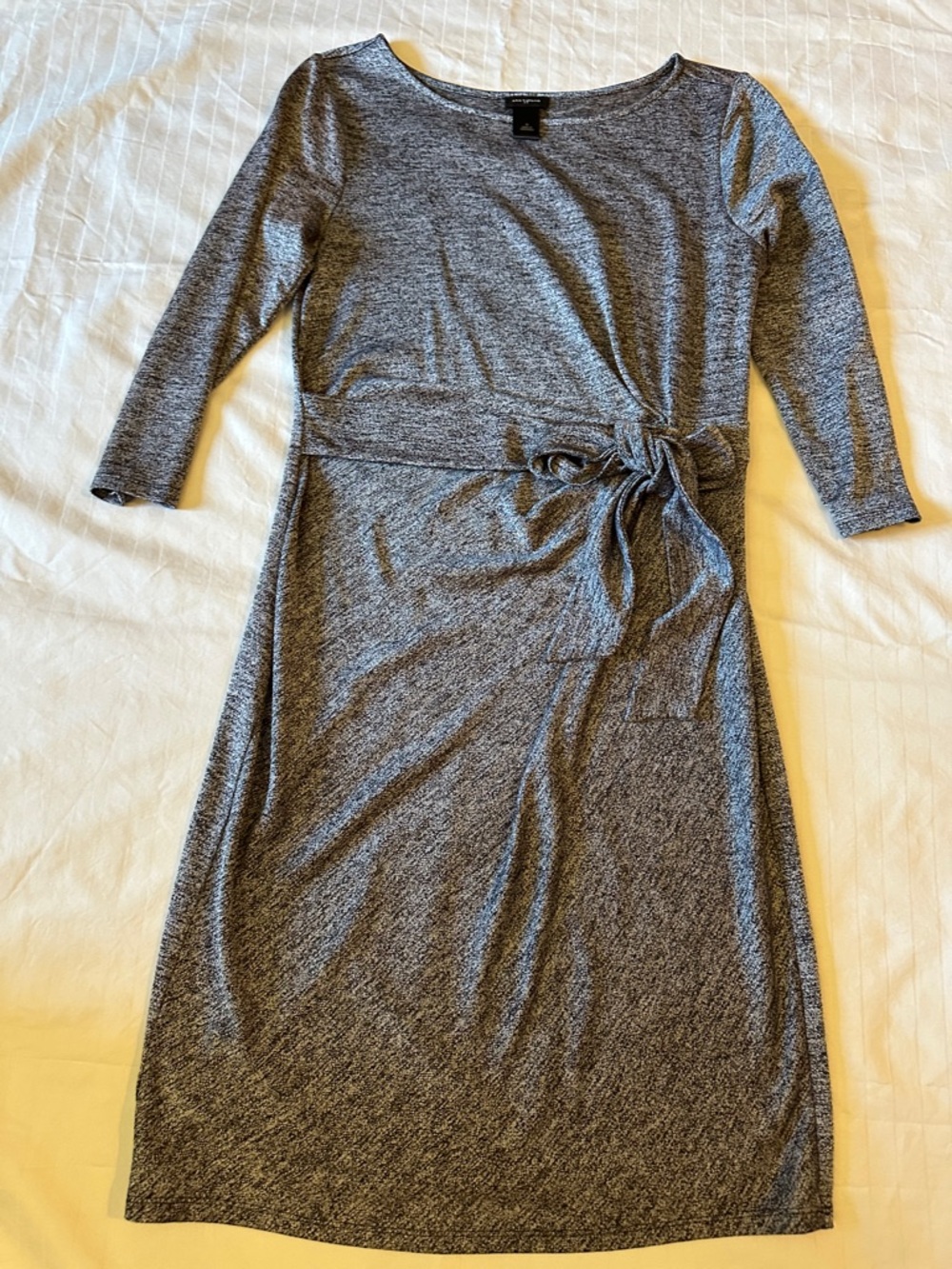 Ann Taylor Heather Gray 3/4-Sleeve Tie-Waist Midi Dress